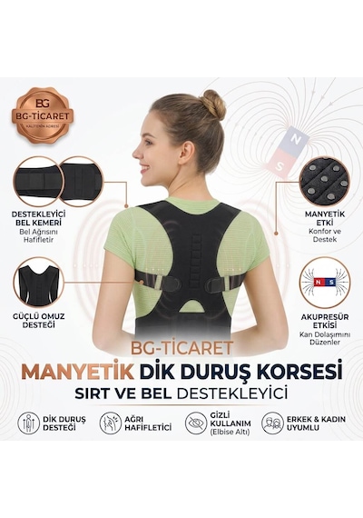 Manyetik Dik Duruş Korsesi Ayarlanabilir Omuz Sırt Bel Destekleyici Kamburluk Önleyici Unisex Siyah Günlük Kullanım