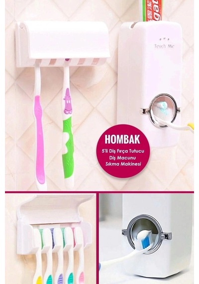5'li Diş Fırçalık Macun Sıkıcı Seti Duvara Monte Beyaz Hijyenik Pratik Organizer Diğer