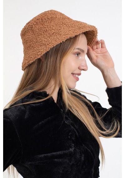 Ladycolor Kadın Kışlık Şapka Peluş Kumaş Bucket Modeli Camel Camel
