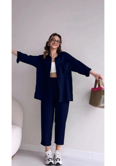 Barbora Keten Günlük 2'li Takım Elbise Pantolon Gömlek Ln21lacivert6 001