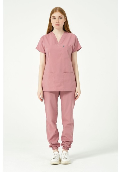 Gül Kurusu Likralı Scrubs Jogger Paça Doktor Hemşire Forması Yarasa Kol Takım Unisex