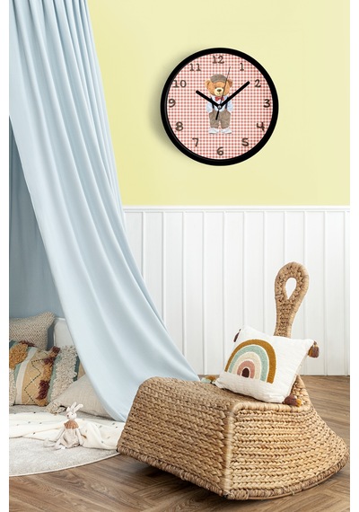 Sevimli Ayı Tasarım Çocuk Odası Duvar Saati - 30cm - Önü Camlı Siyah Kasa - Sessiz Mekanizma-jh0876 Siyah
