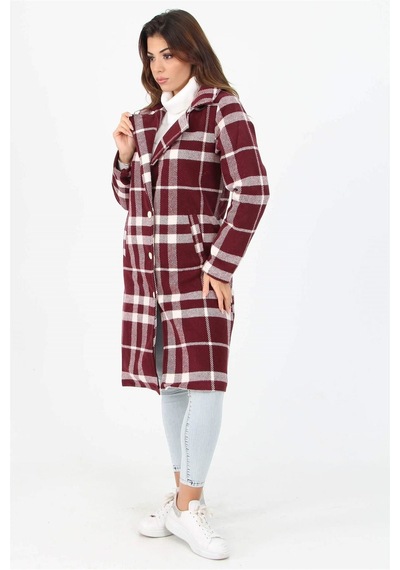 Dip Moda Kadın Düğme Detaylı Cepli Ekose Kaşe Kaban Dp9018 Bordo
