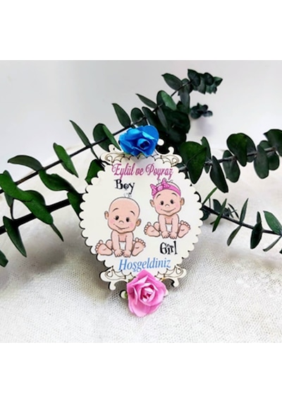 Çiçekli Ahşap İkiz Bebek Şekeri Magnet 30 Adet