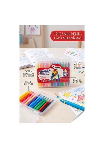 Çevirmeli Jel Mum Boya 12 Renk 1 Adet Fixpoint Plastik Çantalı 12 Li Mum Boya Kalemi Silinebilir Zararsız Yıkanabilir Çok Renkli