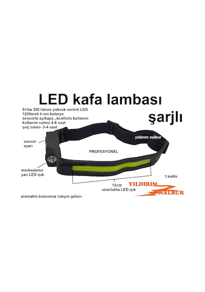 PROFESYONEL SENSÖRLÜ LEDLİ KAFA LAMBASI KUVETLİ IŞIK PİLLİ KAFA F Siyah