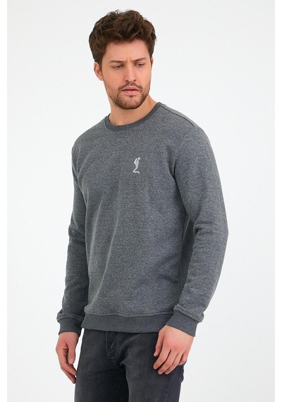 Polostate Erkek İskelet Nakışlı 3 İplik Bisiklet Yaka Sweatshirt Antrasit