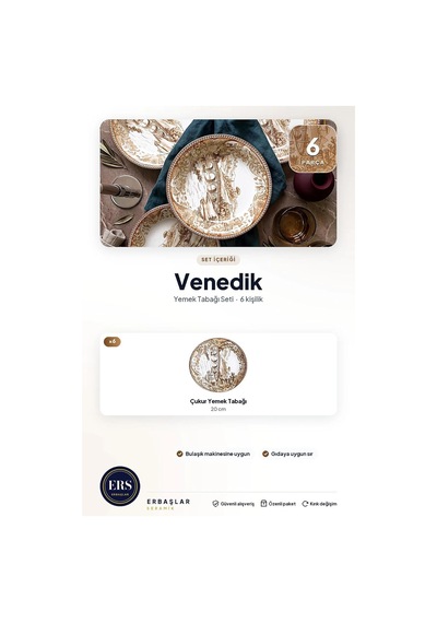 Venedik 6'lı Çukur Yemek Tabağı Seti 20 Cm Çok Renkli