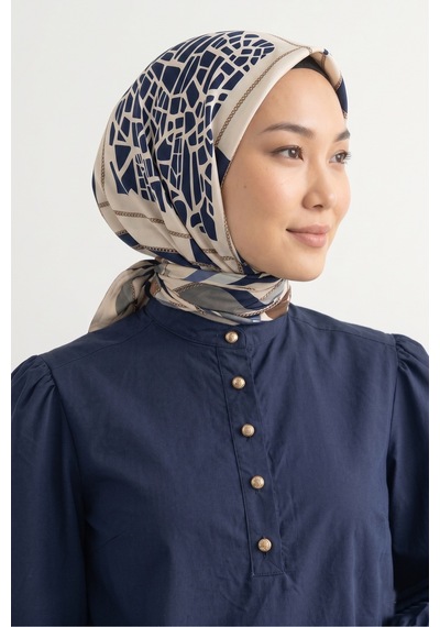 Tarzını Seç Lacivert Mozaik Zincir Fular / Bandana / Aksesuar / Eşarp 90x90 Cm