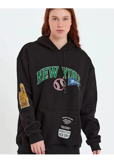 Suma Siyah Baskılı Kapüşonlu Sweatshirt