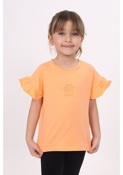 Toontoy Kids Kız Çocuk Baskılı Bisiklet Yaka Kolu Fırfırlı Tişört Oranj