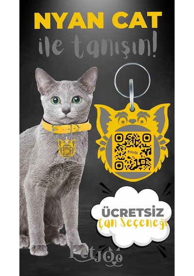 Petjoo 2.Nyan Cat Gri-Sarı Qr'lı Kedi Künyesi