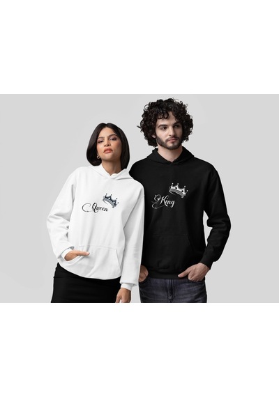 Nevermind Sevgili Kombini King Queen Sweatshirt Çift Kapüşonlu Hoodie Siyah-beyaz
