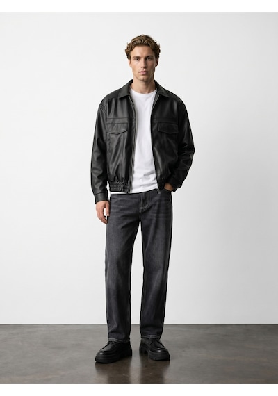 Baselco Zra Trend Beli Lastikli Crop Bomber Oversize Deri Ceket Siyah