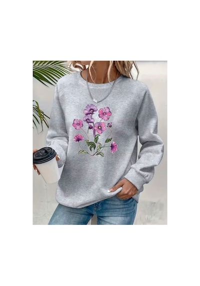 Herkesemoda Mor Çiçek Demeti Baskı Detaylı Bisiklet Yaka İçi Polarlı Sweatshirt Gri