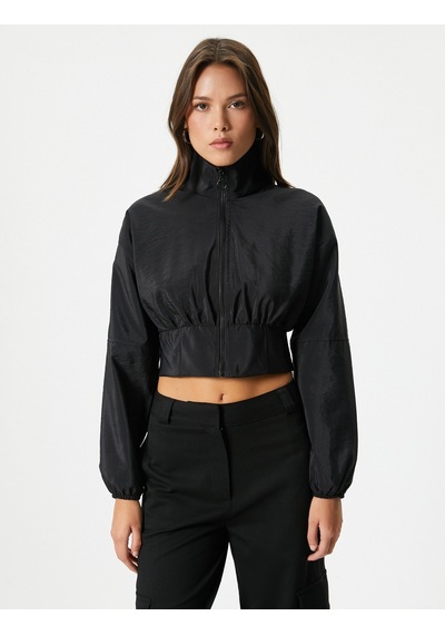 Koton Crop Bomber Ceket Fermuarlı Dik Yaka Siyah 4sak50014pw Siyah