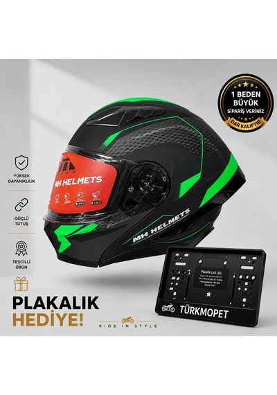 Mh Sports Çene Açılır Güneş Vizörlü Kask + Plakalık Siyah-yeşil