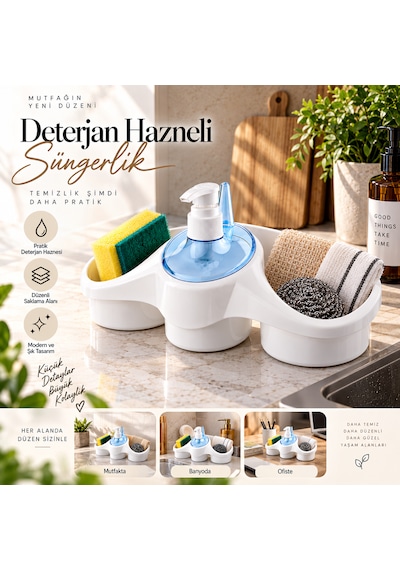Deterjan Hazneli Süngerlik Mutfak Lavabo Düzenleyici 3 Bölmeli
