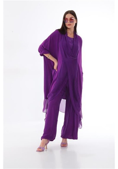 Italyan Ipek Detaylı Oversize Kap Bluz- Wes Pantolon Takım Mor