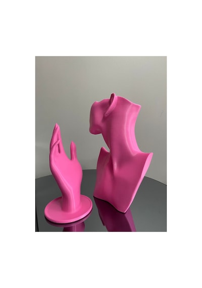 Pembe Renk Dekoratif Takı Mankeni Ve El 2'li Set Takı Teşhir Standı 23 Ve 18 Cm Takı Organizeri Küpe
