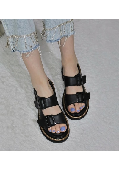 Asmi Shoes Kadın Çift Bantlı Kalın Taban Ortopedik Sandalet Siyah Siyah