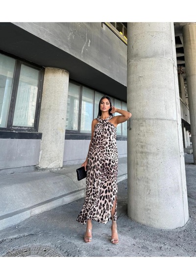 Lava Design Halter Yaka Leopar Desenli Uzun Elbise