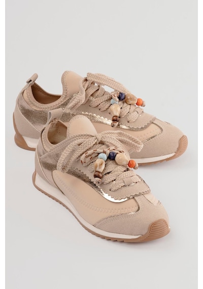 Mubiano Kadın Sneaker Düz Taban Boncuk Detaylı Streç Spor Ayakkabı Brisa Bej Bej