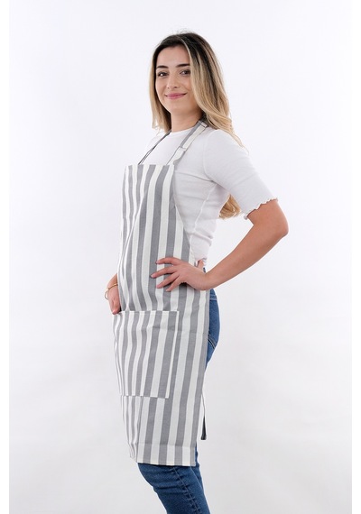Sweet 3lü Set Ayarlanabilir Askılı Cepli Mutfak Önlüğü Seti 2 Eldiven Gri Çizgili