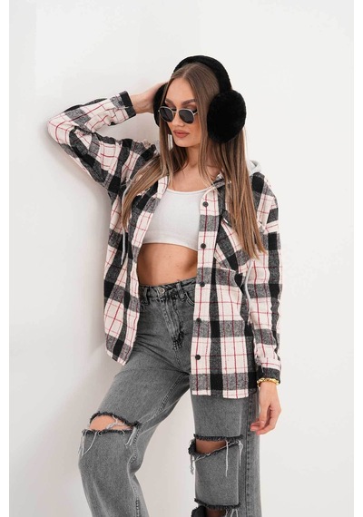 Polologin Butik Kadın Siyah Beyaz Kırmızı Çizgili Kapşonlu Gömlek Çok Renkli