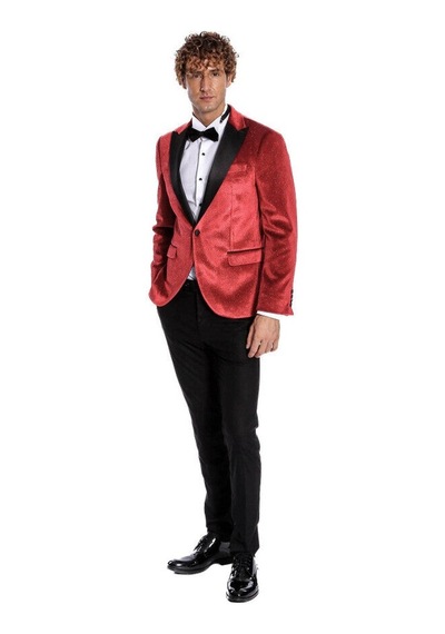 Wessi Simli Slim Fit Kadife Kırmızı Erkek Smokin Ceket - Kırmızı