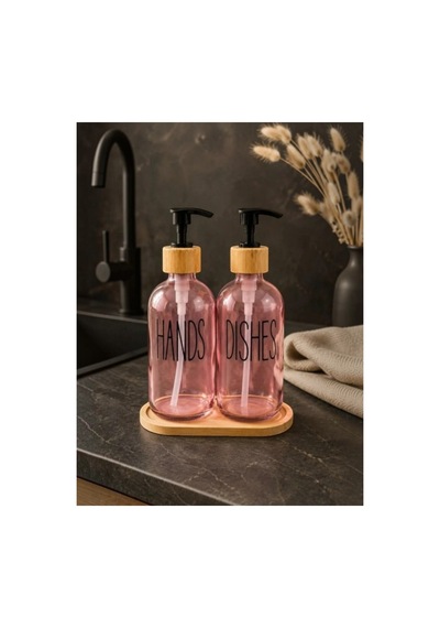 Bambu Stantlı Antrasit 2'li Cam Sıvı Sabunluk Seti 350ml Pembe Pembe