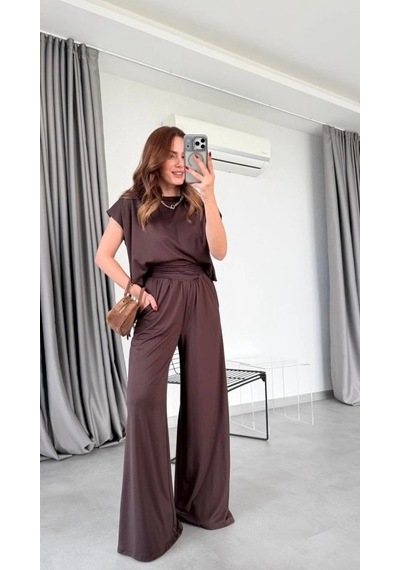 Defymoda Kadın Drapeli Korse Detay Modal Kumaş Ikili Takim Kahverengi