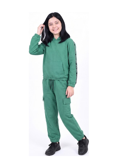 Panios Kids Kız Çocuk Kapüşonlu Şerit Detaylı Kargo Cepli Kapüşonlu Eşofman Takımı Yeşil