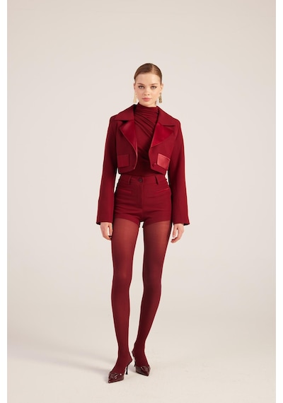 Holly Lolly Yakası Saten Detaylı Camila Crop Blazer Ceket Bordo