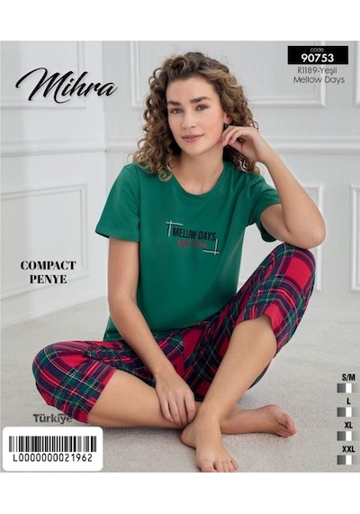 Mihra Kadın Bisiklet Yaka Compact Penye Likralı Kapri Kısa Kol Pijama Takımı 90753y - 1 Adet Yeşil