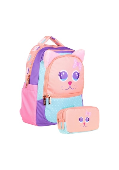 Kaukko Okul Çantası Ve Üç Bölmeli Kalemlik Seti - Pembe Turkuaz - Sevimli Kedi Şekilli Pembe - Turkuaz