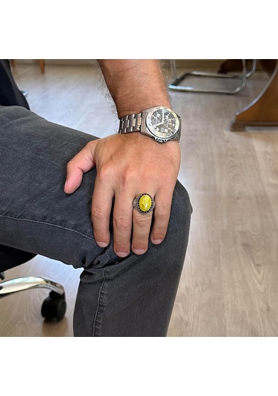 Gerçek Doğal Taş Yüzük - El Yapımı Şahin Yüzük - 925 Ayar Gümüş Yüzük Amber Gümüş