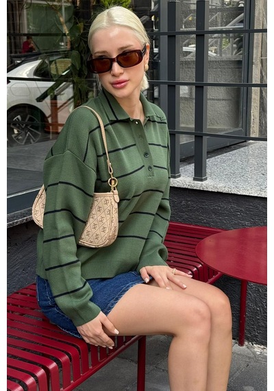 Madmext Melanj Yeşili Çizgili Polo Yaka Kadın Triko Kazak Mg2470 Melanj Yeşili