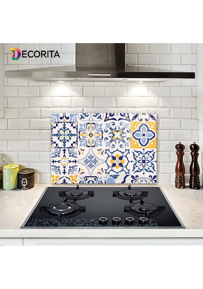 Decorita Mavi Çini Desen | Cam Ocak Arkası Koruyucu | 40cm x 60cm