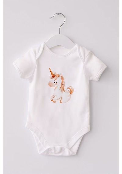 Lilabio %100 Organik Pamuk 3'lü Baskılı Kısa Kollu Bebek Body Unicorn Beyaz