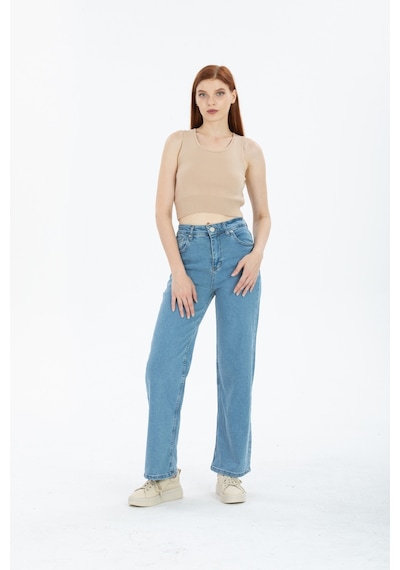 90's Kar Yıkama Kar Mavi Likralı Süper Yüksek Bel Wide Leg Salaş Jeans Palazzo Pantolon