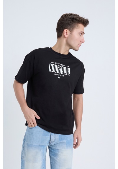 Erkek Oversize Baskılı T-shirt Siyah California Siyah