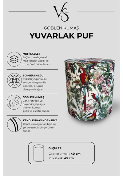 Desenli Goblen Dokuma Dekoratif Kendinden Biyeli Yuvarlak Puf Krem