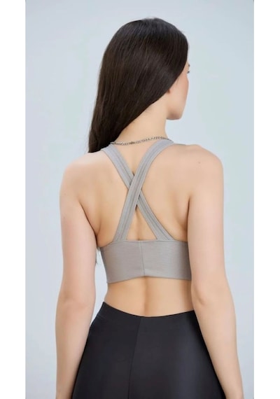 Derin V Yaka Crop Bluz - S504564 Gri