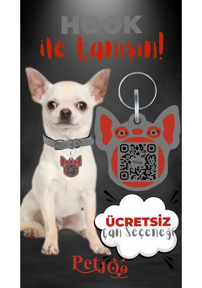 Petjoo 7.Hook Kırmızı-Gri Qr'lı Köpek Künyesi