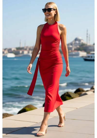 Benerly Kadın Halter Yaka Bodycon Midi Elbise %100 Polyester Kolsuz Astar Kırmızı