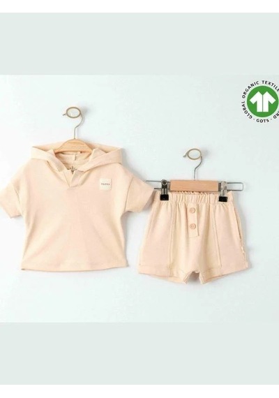 Zekids Bebek Organik Pamuklu Basic Kapüşonlu Tshirt Şortlu Takım-15908 Bej