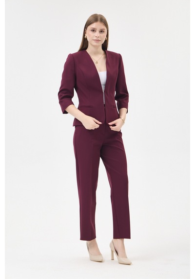 Velnara Moda Mürdüm Zamansız Klasik Kadın Takım Elbise-v Yaka Ceket & Dar Paça Pantolon Koyu Mürdüm - 927044721 Koyu Mürdüm