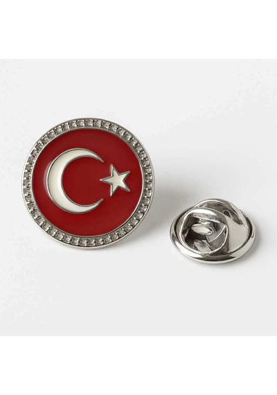 Ay Yıldız Türk Bayrağı Yuvarlak Gümüş Rozet 2x2 Cm Parlak Metal Yaka Rozeti Gri