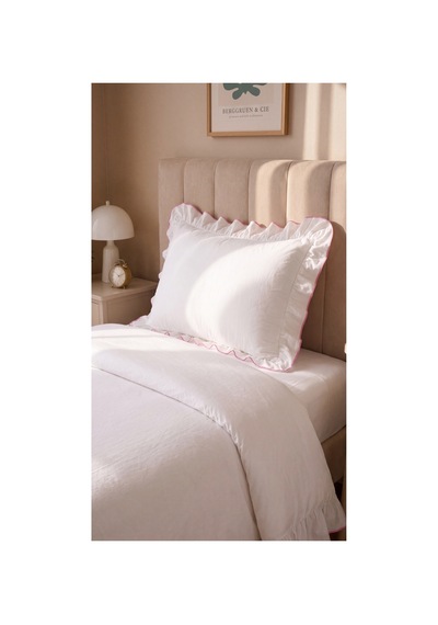 %100 Pamuk Overloklu Fırfırlı Tek Kişilik Nevresim Takımı Lastikli Çarşaflı 160x200 Cm Pembe - 904799828 Pembe